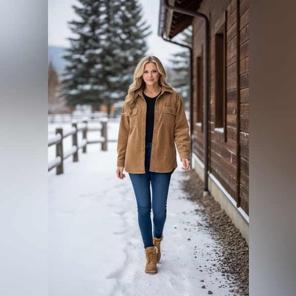 Tan corduroy COWGIRL boots graphic Shacket button down shirt NWT women’s - Picture 2 of 14